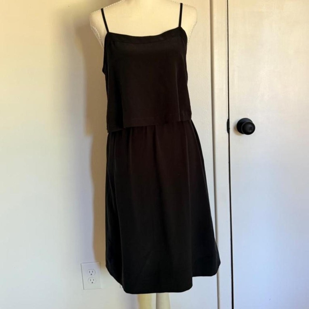 Madewell silk black minimalist midi dress with spaghetti straps and tiered skirt